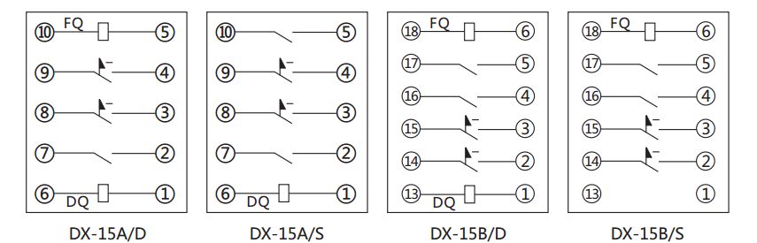 DX-15A/D信號繼電器內部接線及外引接線圖 DX-15A/D信號繼電器內部接線及外引接線圖