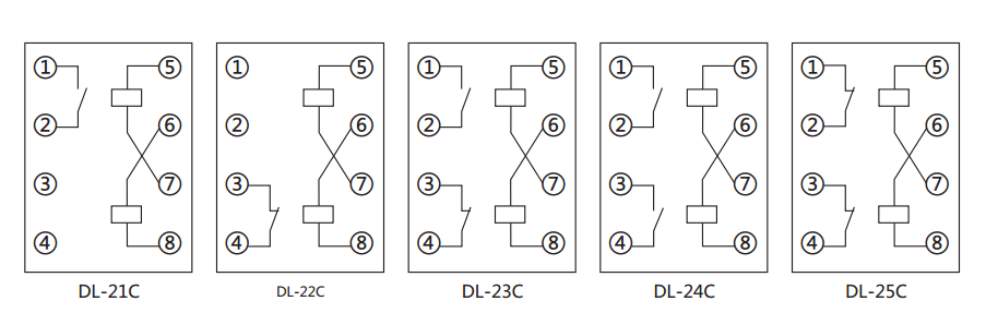 DL-23C系列電流繼電器內部接線及外引接線（正視圖）